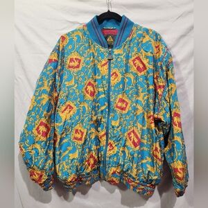 Y2K 100% Silk Casual Isle Bomber Jacket Greek Theme ZipUp w Elastic Waist Sz Med